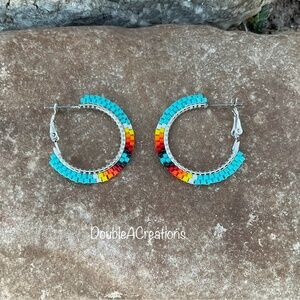 Turquoise with Native Colors 1” Hoop Earrings, New, Handmade by Me